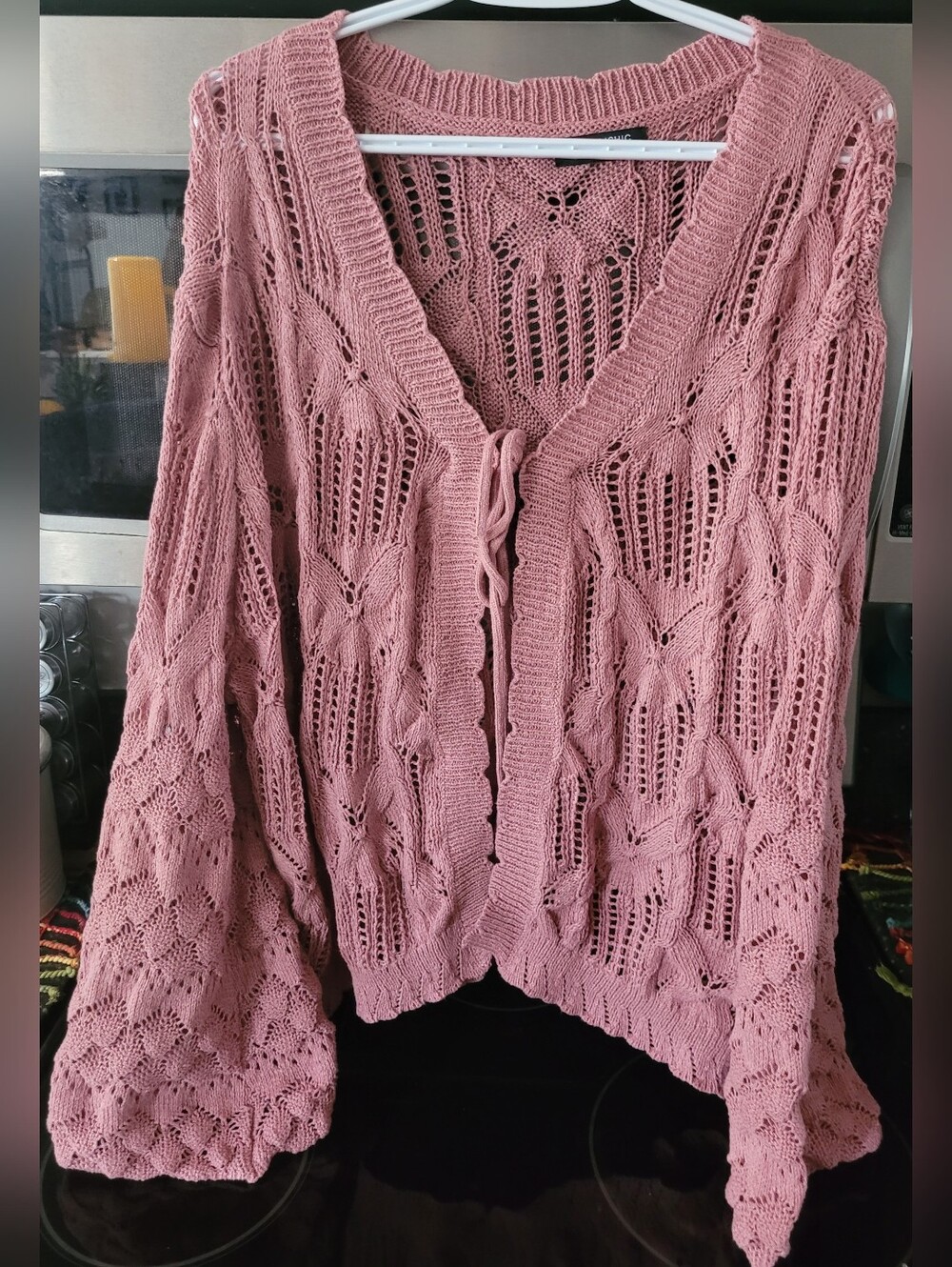BloomChic Rose Pink Openwork Tie-Front Cardigan
